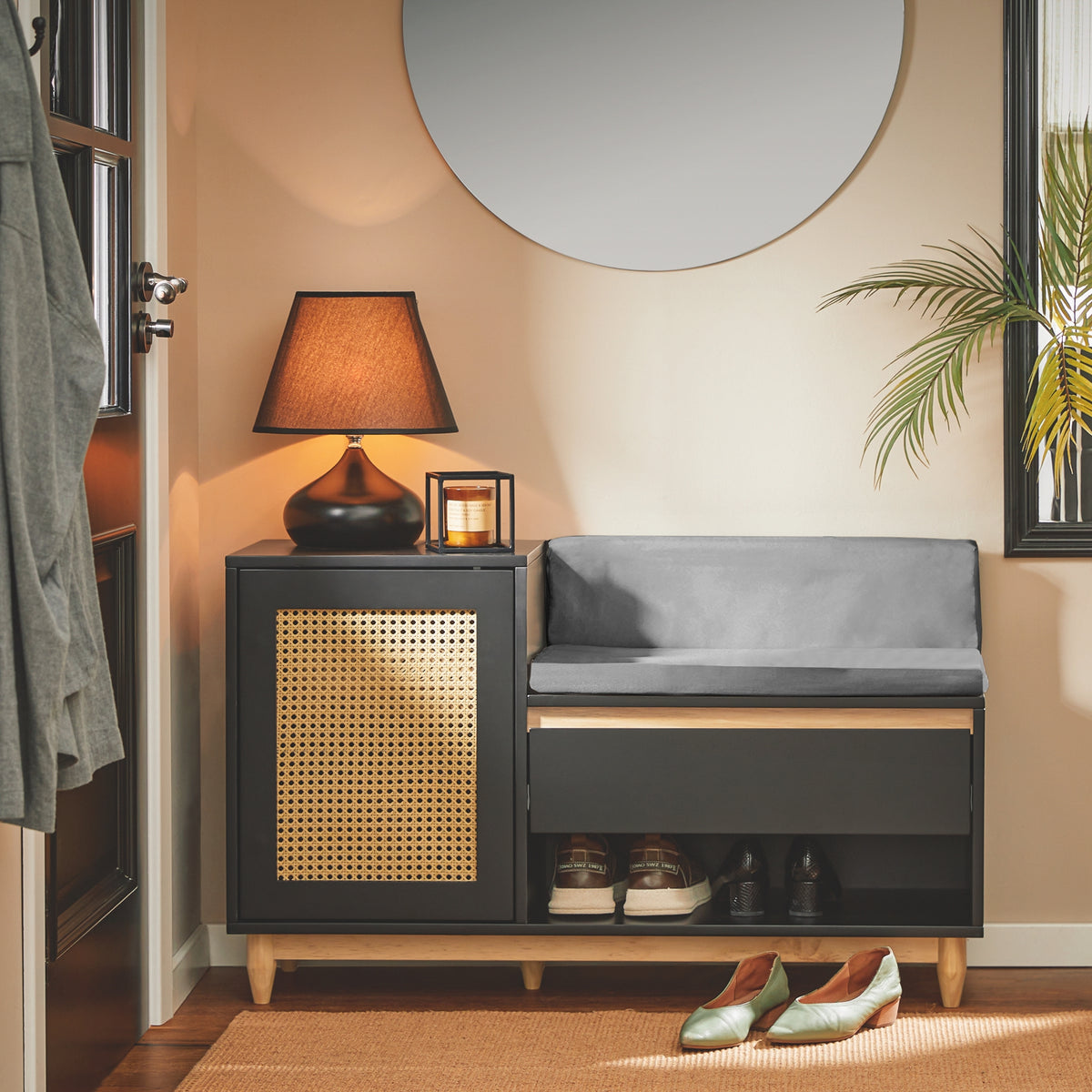 SoBuy FSR128-SCH Dulap Pantofi Banc Pantofi Intrare cu Sertar, Ușă Grilată, Pernă Confortabilă pentru Mobilier de Intrare sau Bancă de Intrare, Depozitare Pantofi Negru 100x35x60cm