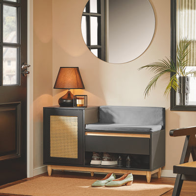 SoBuy FSR128-SCH Dulap Pantofi Banc Pantofi Intrare cu Sertar, Ușă Grilată, Pernă Confortabilă pentru Mobilier de Intrare sau Bancă de Intrare, Depozitare Pantofi Negru 100x35x60cm