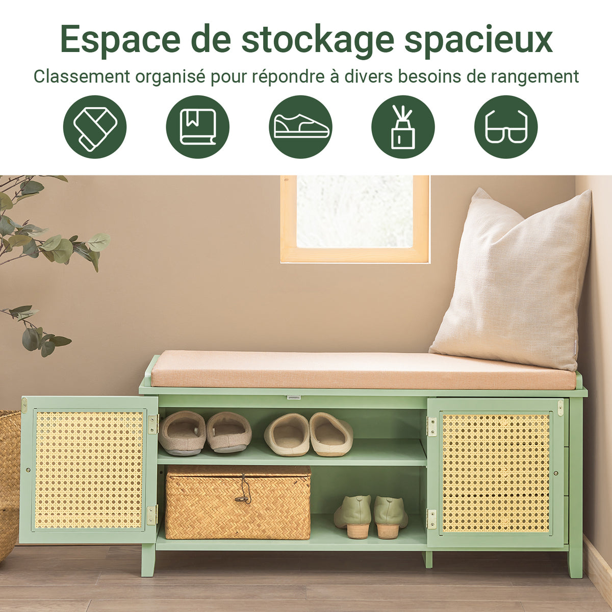 SoBuy FSR129-GR Banc pentru Pantofi 100cm – Pernă, 3 Sertare, 2 Uși cu Plasă Ventilată, 150kg – Verde