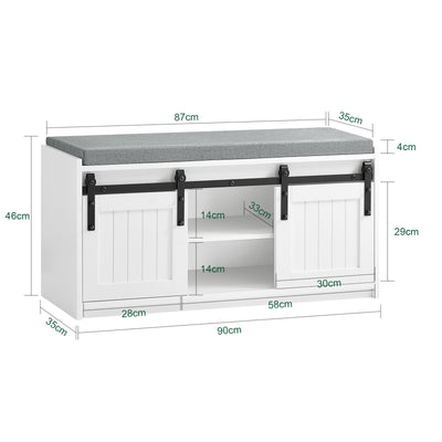 SoBuy FSR133-K-W Banc pentru Pantofi cu Pernă Căptușită, Ușă de Hambar Glisantă și 6 Compartimente, Capacitate 200 kg pentru Hol – 90x35x46 cm, Alb