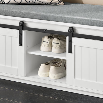 SoBuy FSR133-K-W Banc pentru Pantofi cu Pernă Căptușită, Ușă de Hambar Glisantă și 6 Compartimente, Capacitate 200 kg pentru Hol – 90x35x46 cm, Alb