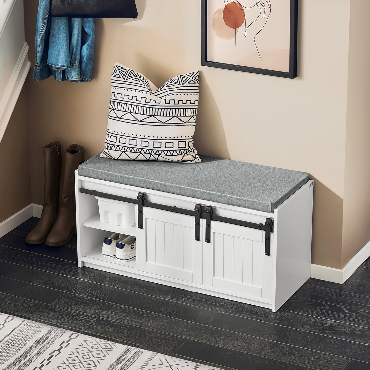 SoBuy FSR133-K-W Banc pentru Pantofi cu Pernă Căptușită, Ușă de Hambar Glisantă și 6 Compartimente, Capacitate 200 kg pentru Hol – 90x35x46 cm, Alb