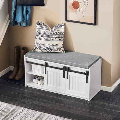 SoBuy FSR133-K-W Banc pentru Pantofi cu Pernă Căptușită, Ușă de Hambar Glisantă și 6 Compartimente, Capacitate 200 kg pentru Hol – 90x35x46 cm, Alb