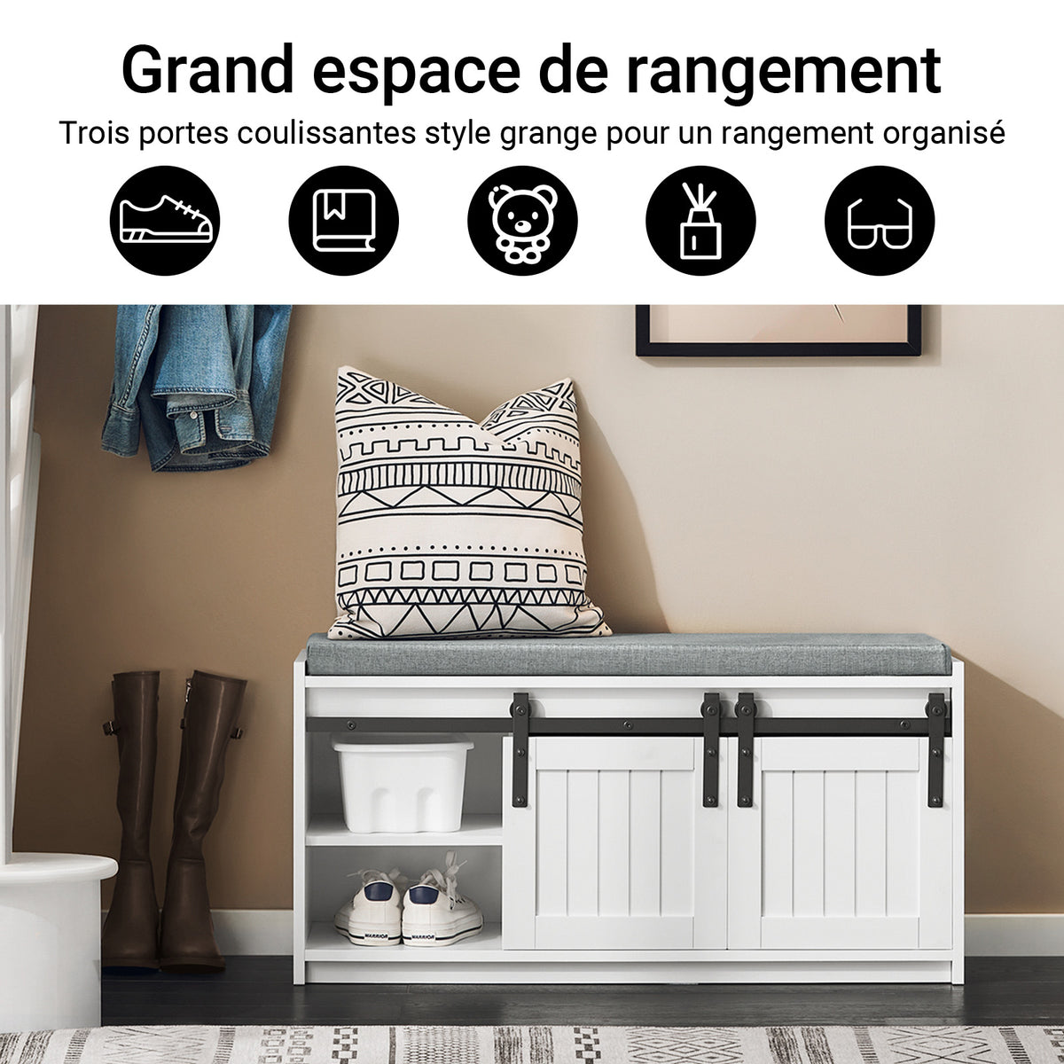 SoBuy FSR133-K-W Banc pentru Pantofi cu Pernă Căptușită, Ușă de Hambar Glisantă și 6 Compartimente, Capacitate 200 kg pentru Hol – 90x35x46 cm, Alb