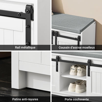 SoBuy FSR133-K-W Banc pentru Pantofi cu Pernă Căptușită, Ușă de Hambar Glisantă și 6 Compartimente, Capacitate 200 kg pentru Hol – 90x35x46 cm, Alb