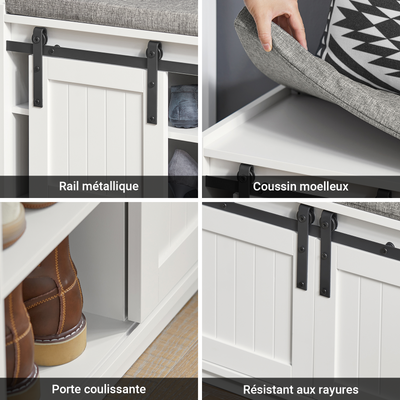 SoBuy FSR133-W Banc à Chaussures avec Porte de Grange Coulissante et 6 Compartiments pour Entrée – 120x35x45 cm, Blanc