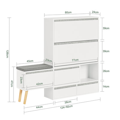 SoBuy FSR134-W Banc pentru Pantofi Modular cu Dulap pe Picioare, Mobilier pentru Hol – 124x24x126 cm, Alb