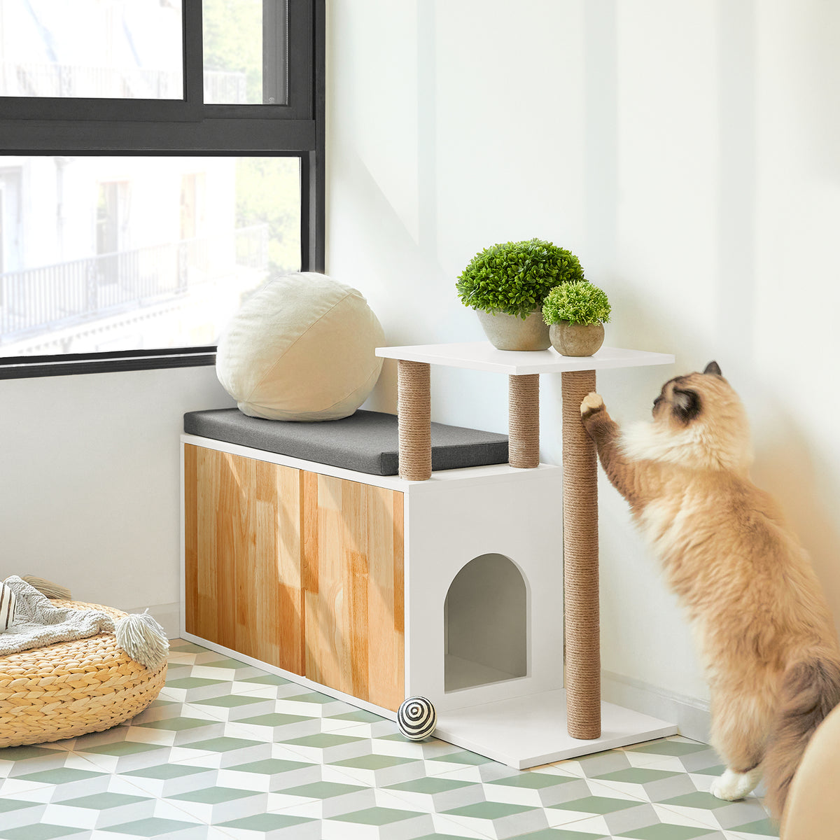 SoBuy FSR135-WN Banc à Litière pour Chat avec Griffoir, Meuble Litière Chat, Maison de Toilette Chat avec Deux Portes et Accès Latéral