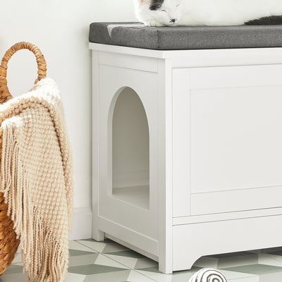 SoBuy FSR136-W Banc pentru Pantofi cu Pernă Căptușită, 2 Uși și Casă Integrată pentru Pisici pentru Intrare – 90x36x44 cm, Alb