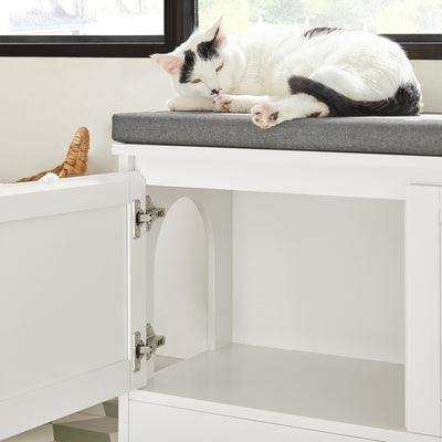 SoBuy FSR136-W Banc pentru Pantofi cu Pernă Căptușită, 2 Uși și Casă Integrată pentru Pisici pentru Intrare – 90x36x44 cm, Alb