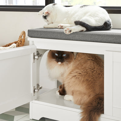SoBuy FSR136-W Banc pentru Pantofi cu Pernă Căptușită, 2 Uși și Casă Integrată pentru Pisici pentru Intrare – 90x36x44 cm, Alb