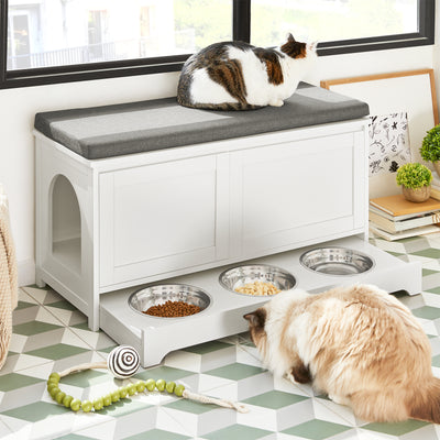 SoBuy FSR136-W Banc pentru Pantofi cu Pernă Căptușită, 2 Uși și Casă Integrată pentru Pisici pentru Intrare – 90x36x44 cm, Alb