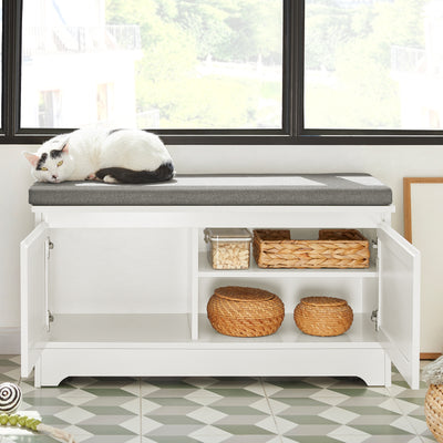 SoBuy FSR136-W Banc pentru Pantofi cu Pernă Căptușită, 2 Uși și Casă Integrată pentru Pisici pentru Intrare – 90x36x44 cm, Alb