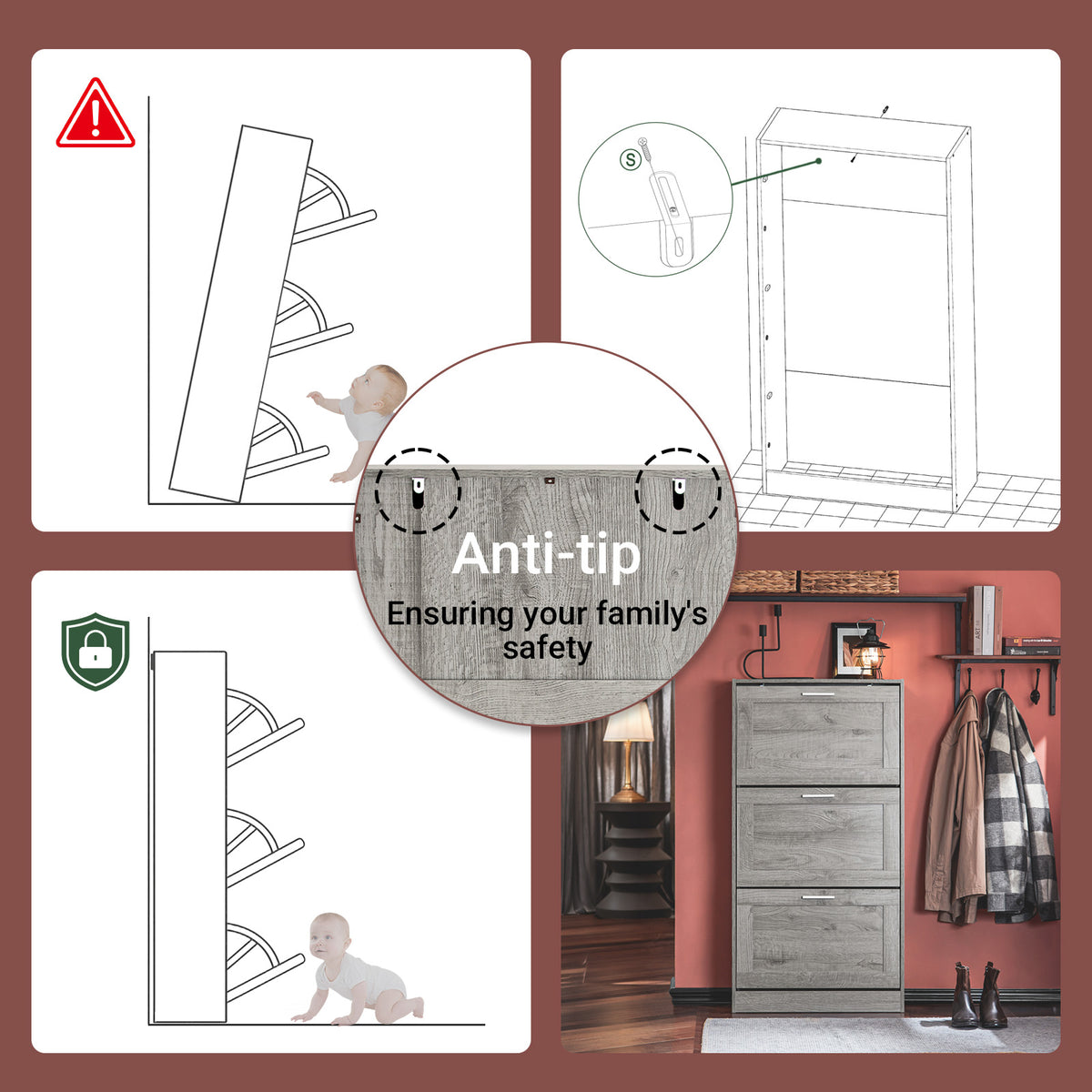 SoBuy FSR137-L-HG Meuble à Chaussures à Abattants 3 Niveaux Grande Capacité – Rangement Discret pour Entrée – Gris Effet Bois