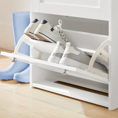 SoBuy FSR144-WN Armoire à Chaussures avec 3 Abattants et 2 Crochets – L59×P26×H116 cm, Charge 30 kg, Blanc et Naturel