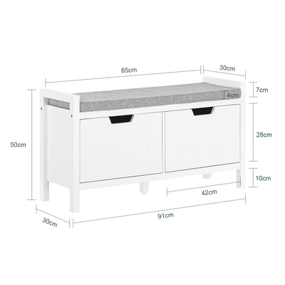 SoBuy FSR146-W Banchetă pentru încălțăminte cu pernă căptușită și 2 uși pentru hol/intrare – 91x30x50 cm, Alb