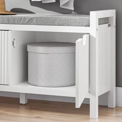 SoBuy FSR146-W Banchetă pentru încălțăminte cu pernă căptușită și 2 uși pentru hol/intrare – 91x30x50 cm, Alb