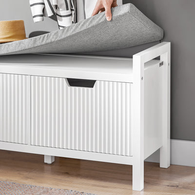 SoBuy FSR146-W Banchetă pentru încălțăminte cu pernă căptușită și 2 uși pentru hol/intrare – 91x30x50 cm, Alb