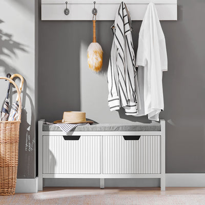 SoBuy FSR146-W Banchetă pentru încălțăminte cu pernă căptușită și 2 uși pentru hol/intrare – 91x30x50 cm, Alb
