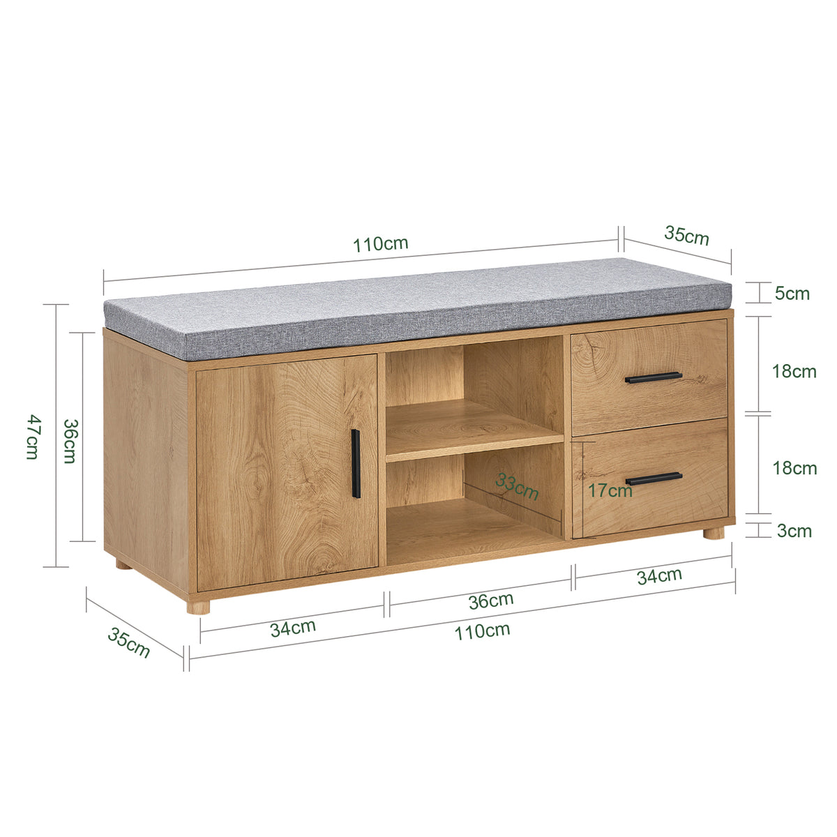 SoBuy FSR148-N Banc à Chaussures avec Coussin Rembourré 4 cm – 2 Tiroirs, 1 Porte, 6 Pieds Hévéa – 110×35×47 cm, Naturel