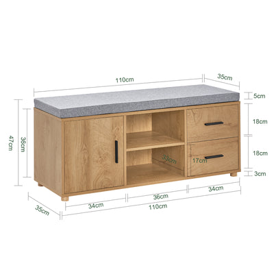 SoBuy FSR148-N Banc à Chaussures avec Coussin Rembourré 4 cm – 2 Tiroirs, 1 Porte, 6 Pieds Hévéa – 110×35×47 cm, Naturel
