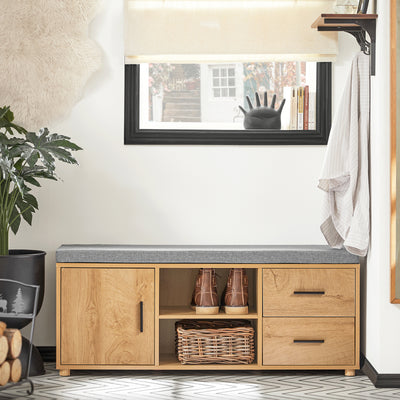 SoBuy FSR148-N Banc à Chaussures avec Coussin Rembourré 4 cm – 2 Tiroirs, 1 Porte, 6 Pieds Hévéa – 110×35×47 cm, Naturel