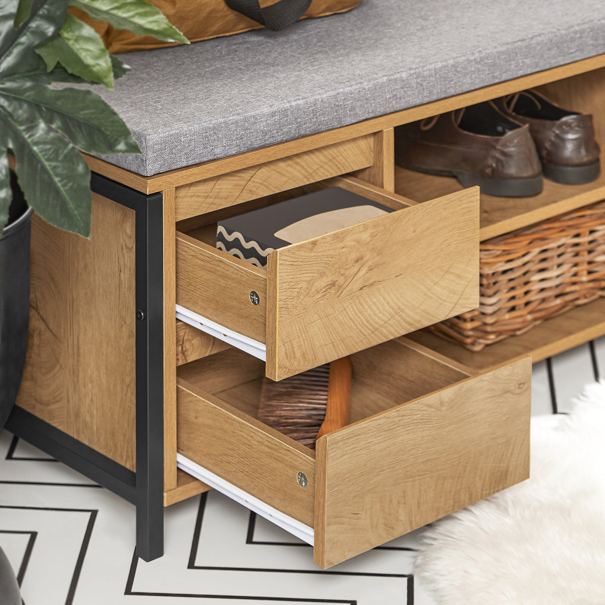 SoBuy FSR149-N Banc à Chaussures avec Coussin Rembourré et Tiroirs, Meuble d'Entrée – 110x35x45 cm, Naturel