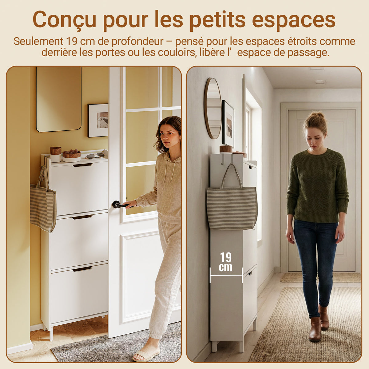 SoBuy FSR151-H-W Dulap de Pantofi cu 3 Uși Batante Ultra-Subțire 19cm, Organizator Compact pentru Hol Intrare – 50x19x129 cm, Alb