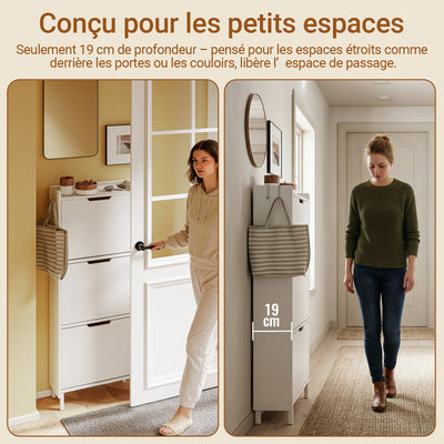 SoBuy FSR151-H-W Dulap de Pantofi cu 3 Uși Batante Ultra-Subțire 19cm, Organizator Compact pentru Hol Intrare – 50x19x129 cm, Alb