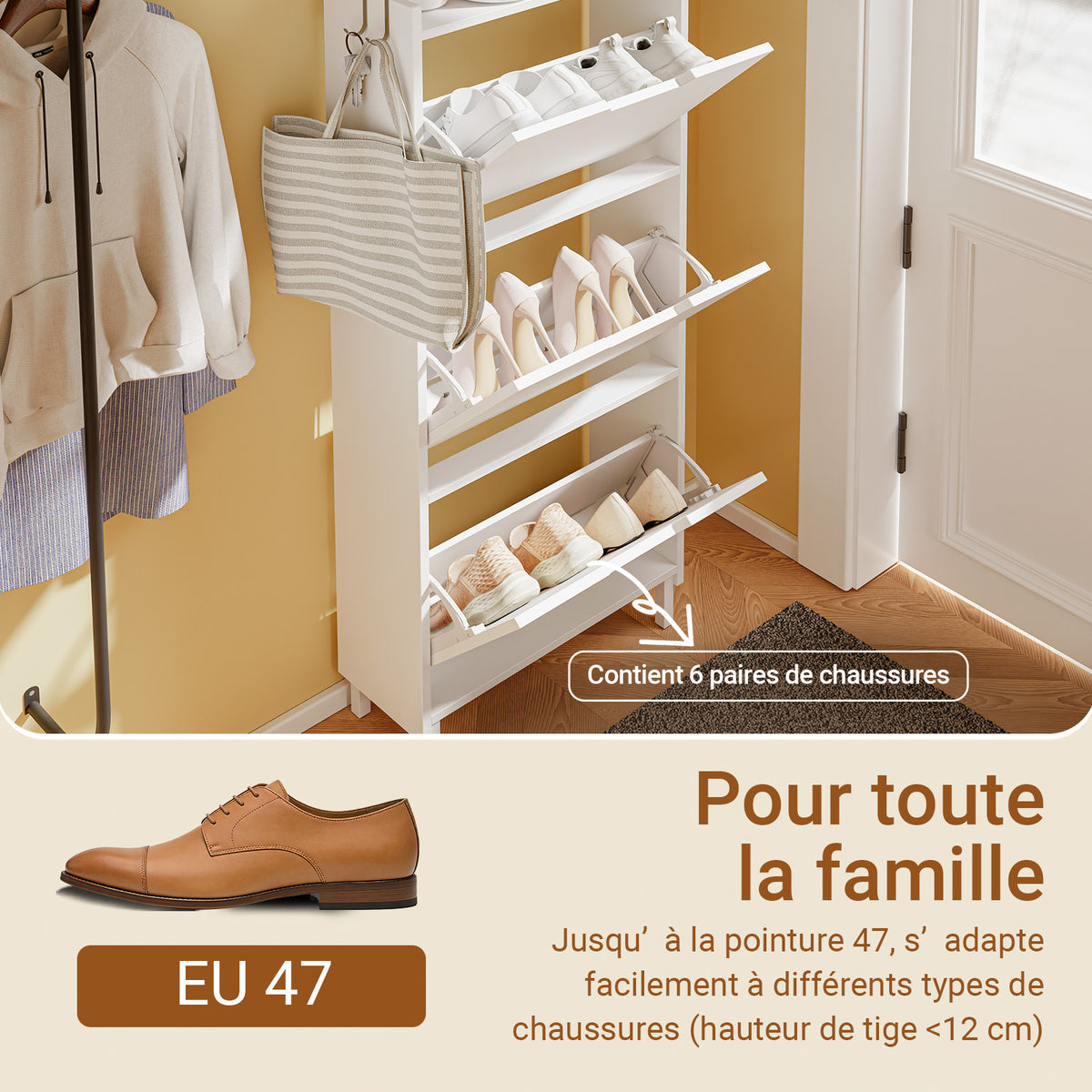 SoBuy FSR151-H-W Dulap de Pantofi cu 3 Uși Batante Ultra-Subțire 19cm, Organizator Compact pentru Hol Intrare – 50x19x129 cm, Alb