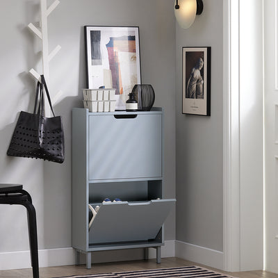 SoBuy FSR151-HG Dulap pentru pantofi cu 2 compartimente, Ultra-subțire 19cm, Depozitare compactă pentru hol – 50x19x91 cm, Gri