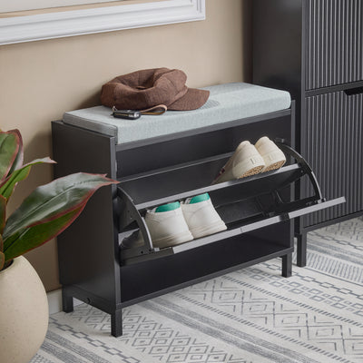 SoBuy FSR151-K-SCH Banc de Pantofi pentru Hol, Dulap Pantofi cu Șezut Căptușit și Rabatabil - Comodă Pantofi, L60 x P24 x H52 cm, Negru