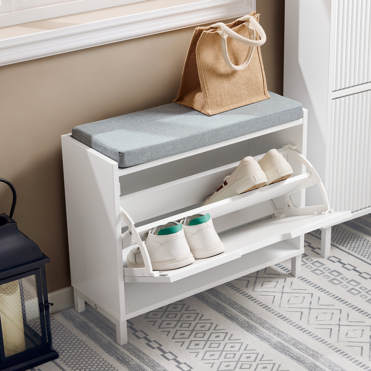 SoBuy FSR151-K-W Banc pentru Pantofi cu Pernă Căptușită și 1 Compartiment Rabatabil, Subțire 24 cm pentru Hol – 60x24x52 cm, Alb