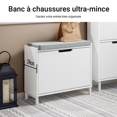 SoBuy FSR151-K-W Banc pentru Pantofi cu Pernă Căptușită și 1 Compartiment Rabatabil, Subțire 24 cm pentru Hol – 60x24x52 cm, Alb