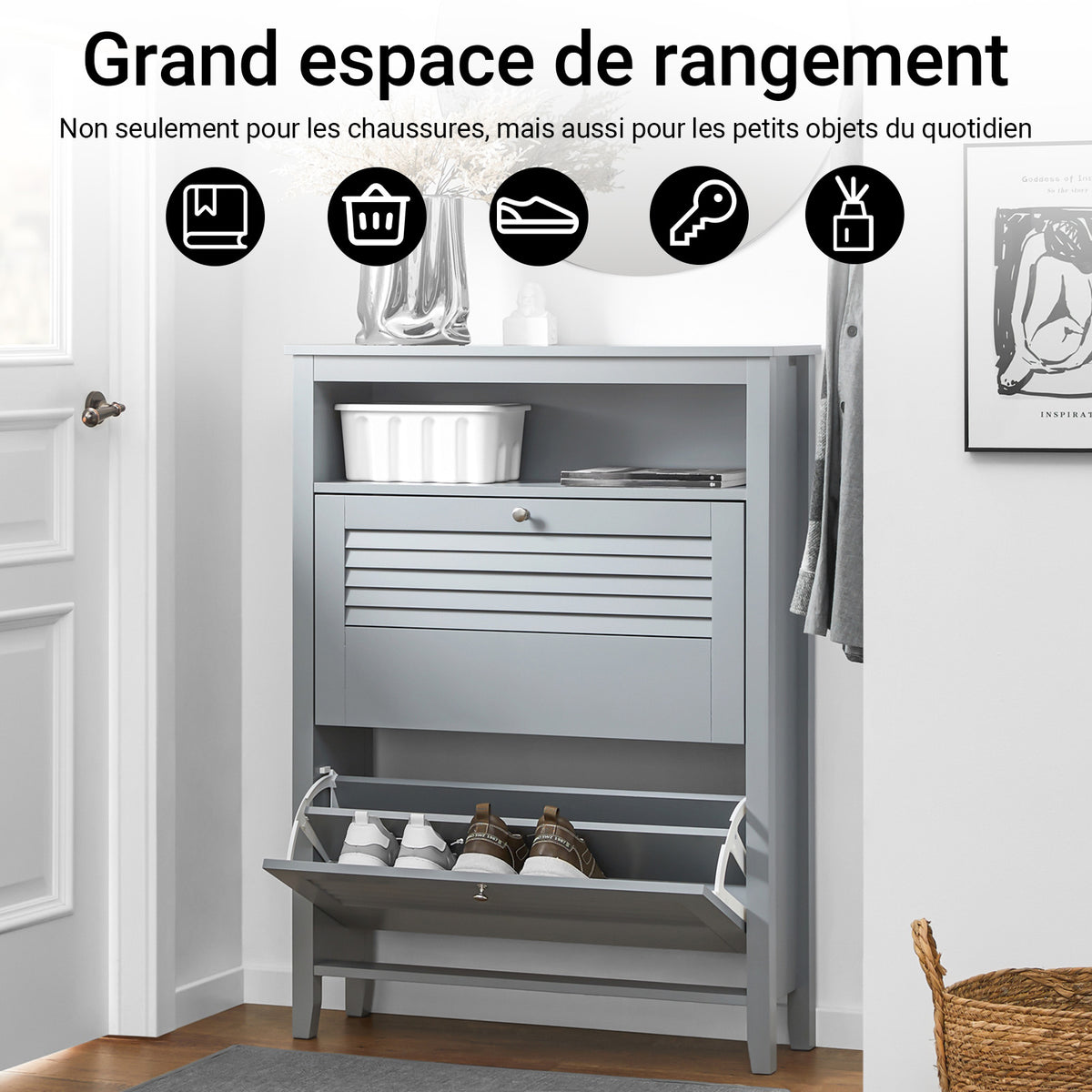 SoBuy FSR152-HG Dulap Pantofar cu 2 Uși Batante, Organizator pentru Hol Intrare – 80x25x108 cm, Gri