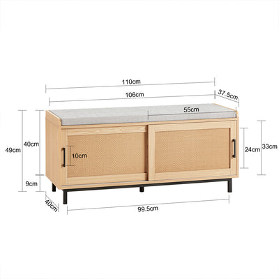 SoBuy FSR154-N Banc à Chaussures avec Coussin Rembourré, 2 Portes Coulissantes Façade Rotin Tissé pour Entrée – 110x40x49 cm, Naturel