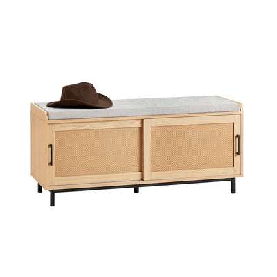 SoBuy FSR154-N Banc à Chaussures avec Coussin Rembourré, 2 Portes Coulissantes Façade Rotin Tissé pour Entrée – 110x40x49 cm,