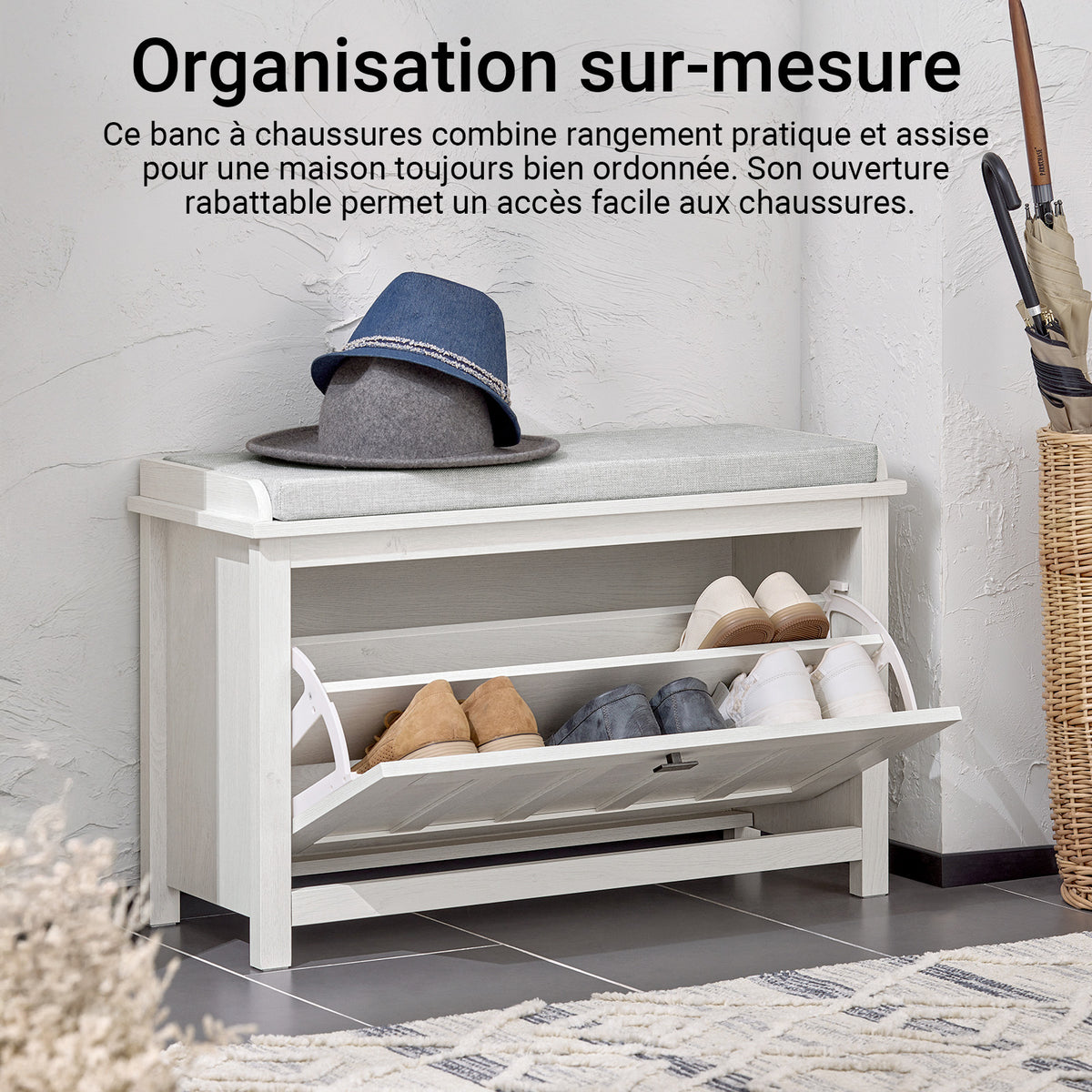 SoBuy FSR161-W Banc pentru Pantofi cu Pernă Căptușită și 1 Compartiment cu Clapetă pentru Hol Intrare – 80x30x50 cm, Alb
