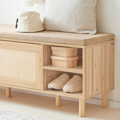 SoBuy FSR163-N Banc pentru Pantofi 121cm – Pernă Detașabilă, 2 Uși Glisante, 6 Compartimente, 230kg – Natural