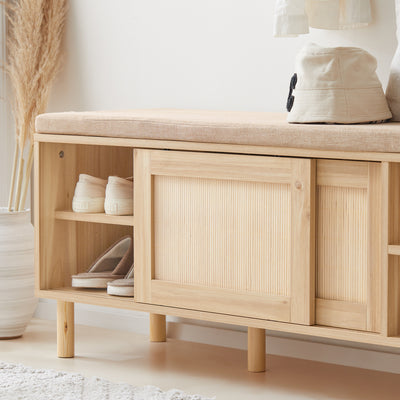 SoBuy FSR163-N Banc pentru Pantofi 121cm – Pernă Detașabilă, 2 Uși Glisante, 6 Compartimente, 230kg – Natural