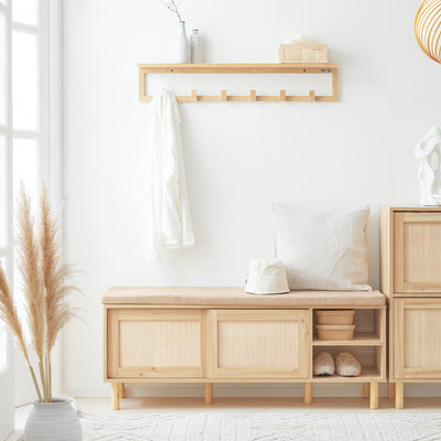 SoBuy FSR163-N Banc pentru Pantofi 121cm – Pernă Detașabilă, 2 Uși Glisante, 6 Compartimente, 230kg – Natural