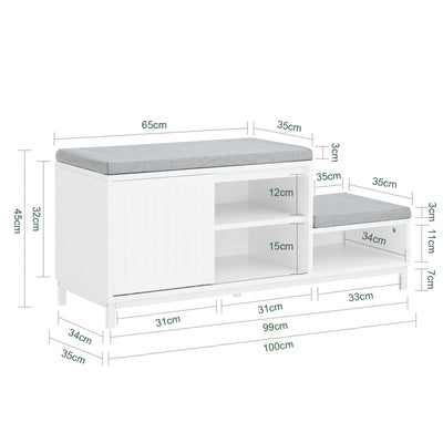SoBuy FSR166-W Banc de Rangement, Banc à Chaussures avec 2 Coussin Rembourré, avec 1 Porte Coulissante et 3 Compartiments
