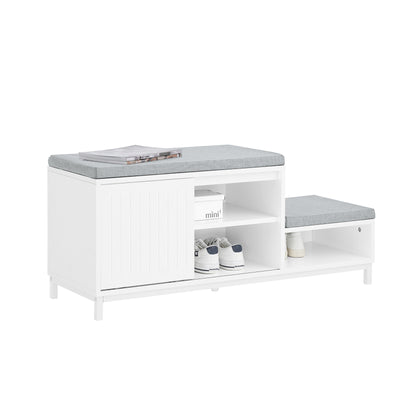 SoBuy FSR166-W Banc de Rangement, Banc à Chaussures avec 2 Coussin Rembourré, avec 1 Porte Coulissante et 3 Compartiments