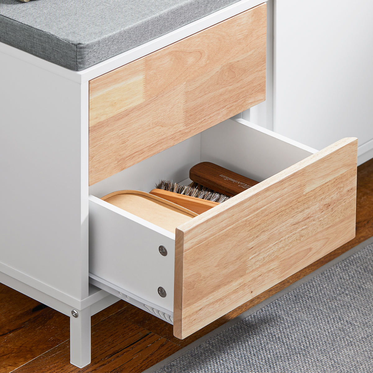 SoBuy FSR167-WN Banc pentru Pantofi, Banc de Depozitare cu Pernă Căptușită, Dulap Jos pentru Intrare pe Picioare cu 1 Ușă și 2 Sertare