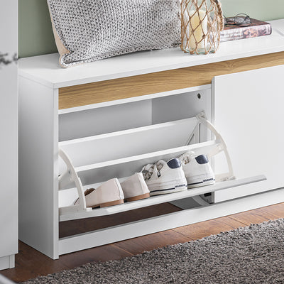 SoBuy FSR171-W Banc pentru Pantofi 104cm – 2 Rabatabile, Compartiment Superior, 240kg, MDF E1 – Alb și Lemn