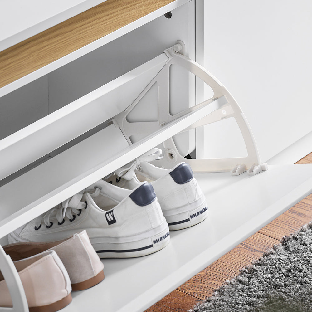 SoBuy FSR171-W Banc pentru Pantofi 104cm – 2 Rabatabile, Compartiment Superior, 240kg, MDF E1 – Alb și Lemn