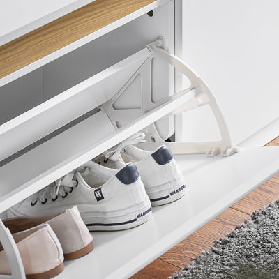 SoBuy FSR171-W Banc pentru Pantofi 104cm – 2 Rabatabile, Compartiment Superior, 240kg, MDF E1 – Alb și Lemn