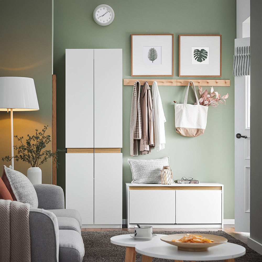 SoBuy FSR171-W Banc pentru Pantofi 104cm – 2 Rabatabile, Compartiment Superior, 240kg, MDF E1 – Alb și Lemn