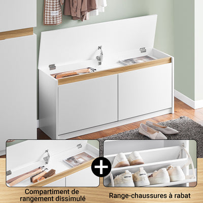 SoBuy FSR171-W Banc pentru Pantofi 104cm – 2 Rabatabile, Compartiment Superior, 240kg, MDF E1 – Alb și Lemn