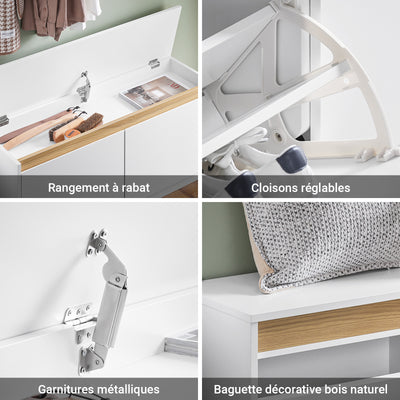 SoBuy FSR171-W Banc pentru Pantofi 104cm – 2 Rabatabile, Compartiment Superior, 240kg, MDF E1 – Alb și Lemn